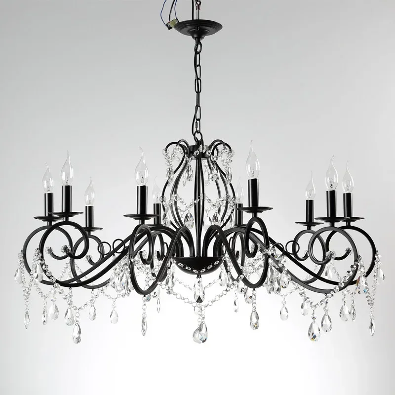 Wrought Black Iron Rustic Vintage Pendant Candle Chandelier Crystal Lighting Fixture Lamp for Dining Room Bathroom Foyer