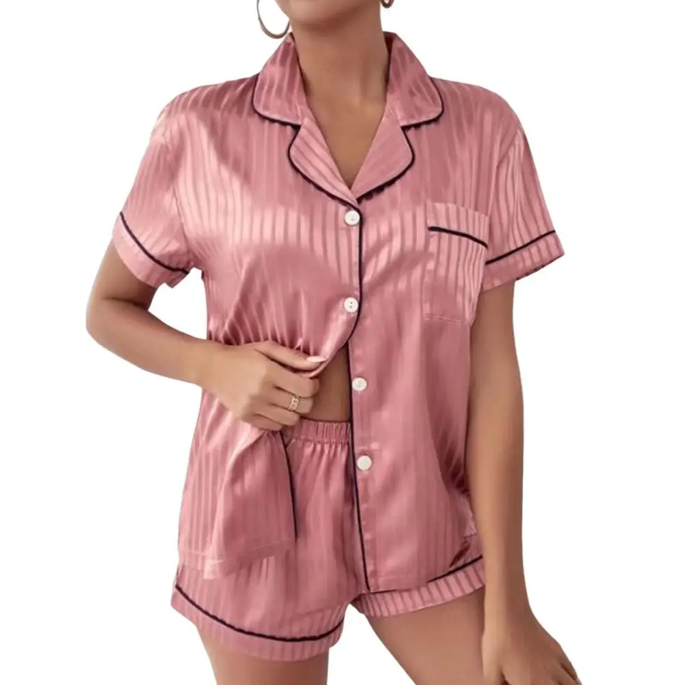 Womens Sexy Faux Silk Pajamas Set Soft Satin Sleepwear Short Sleeve Two-Piece Sets Loungewear Button-Down Size M-XL