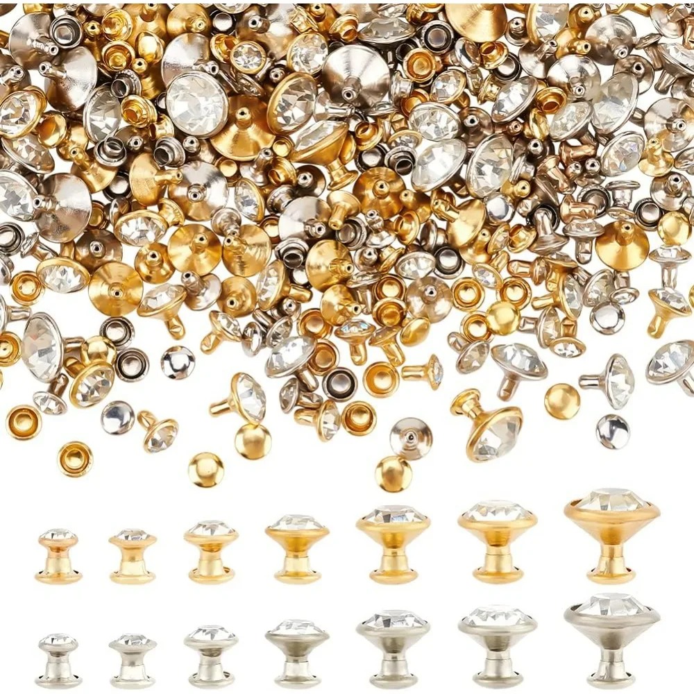 280 Sets 7 Sizes Clear Rhinestone Rivets (5~11mm) Platinum & Gold Crystal Rivets Metal Double Cap Stud Rivets making kit