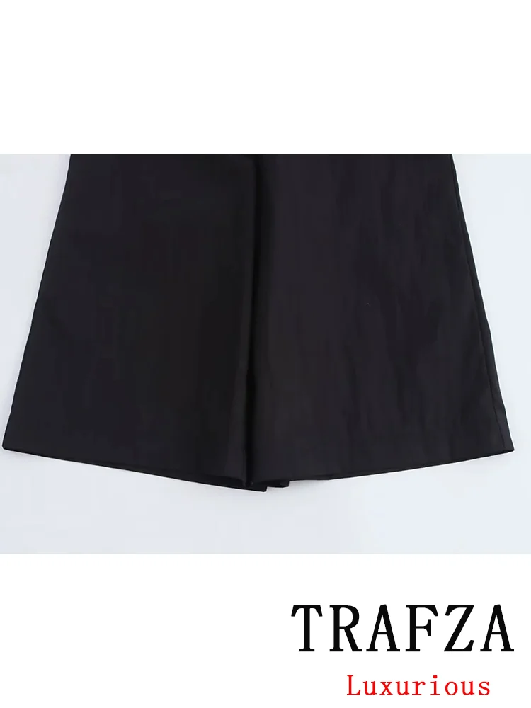 TRAFZA Vintage Casual Chic Black Women Suits  Sleeveless Ruffles Tank Top Wide Leg Pocket Shorts New Fashion 2024 Autumn Suits