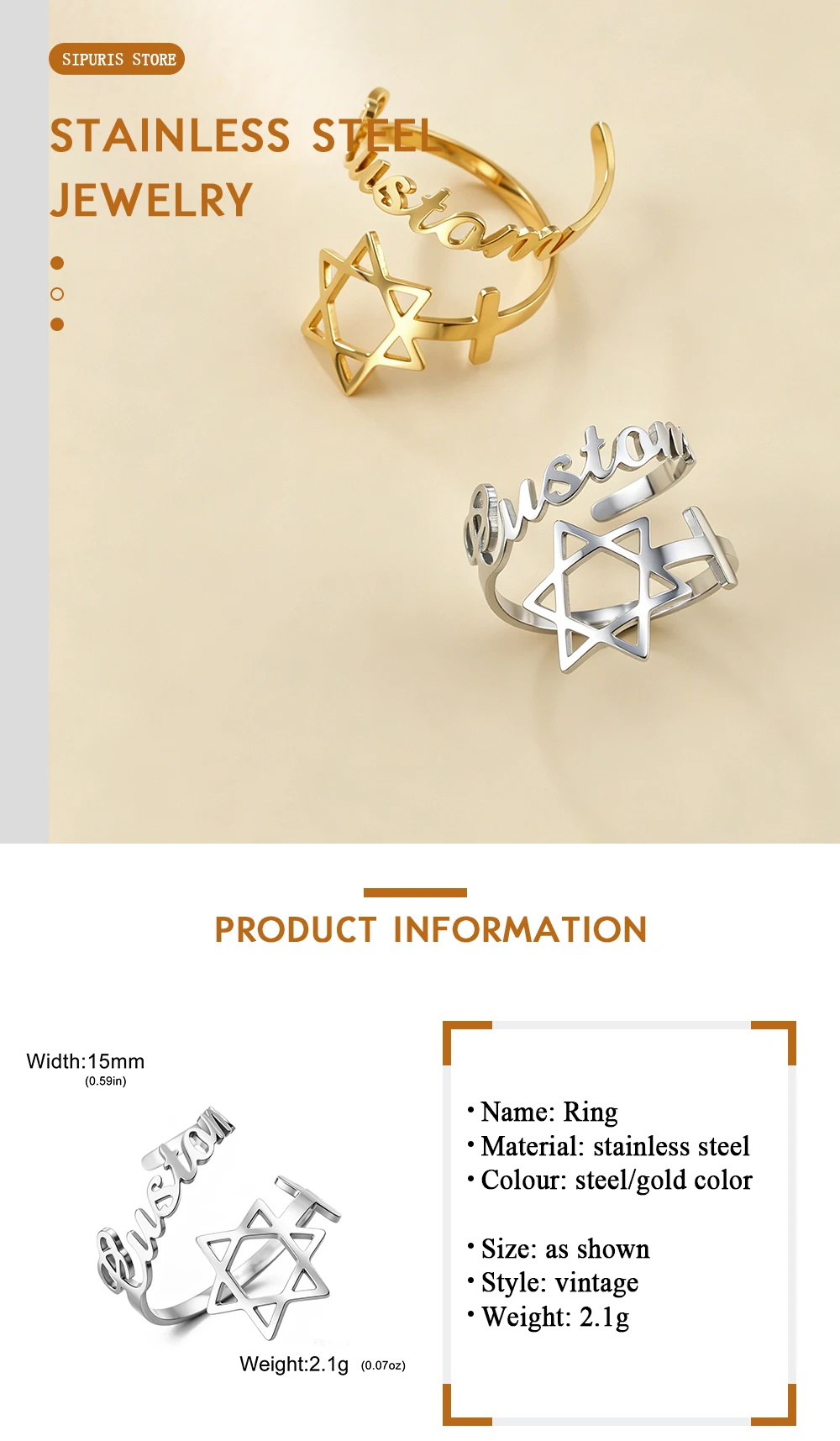 Sipuris Hexagramm-Ring mit individuellem Namen für Männer und Frauen, Edelstahl, personalisierbar, jüdische Namensschild-Ringe, Schmuckgeschenke – Detail 5