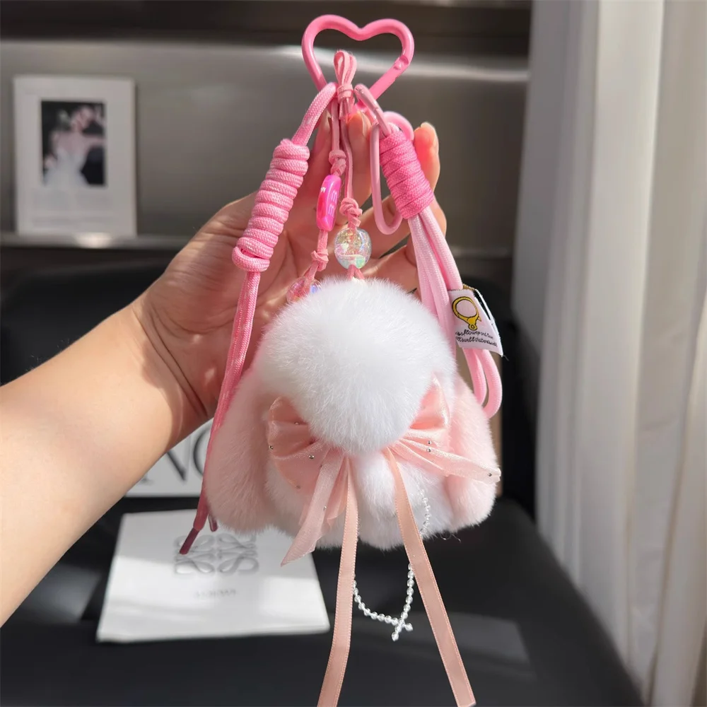 

Cute Plush Rabbit Fur Rabbit Pendant Keychain Real Rabbit Doll Charm Toys Ornament Keyring Jewelry Pompom Pendant Gifts Keychain