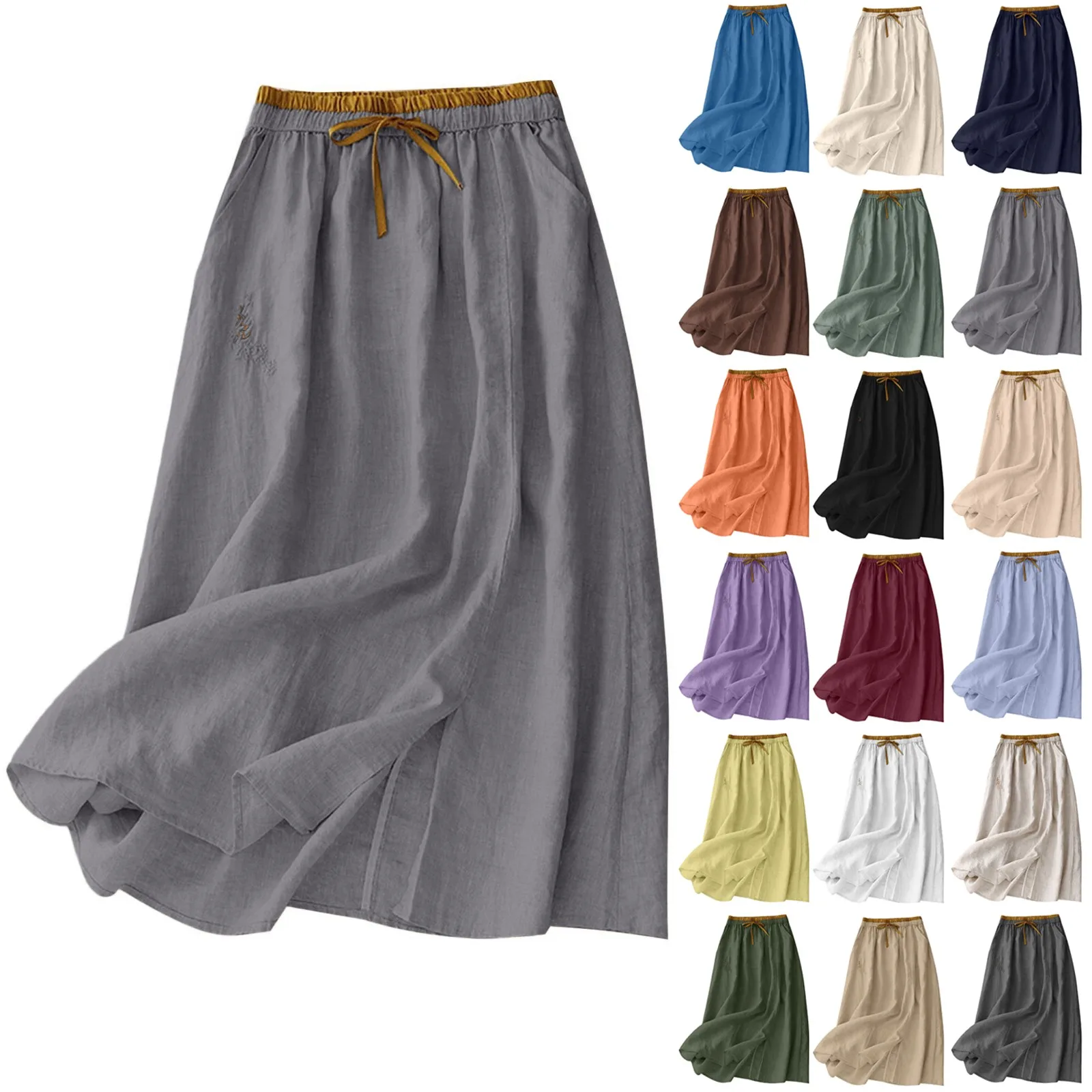Cotton Linen Skirt Women Summer Elastic Waist Harajuku Faldas Solid Color Large Swing Breathable A-Line Long Skirt With Pockets