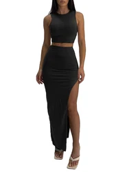 Women Summer Y2K 2 Piece Crew Neck Skirt Suit Skirt Outfits Bodycon 3D Streetwear Hip High Slit Long Skirts Set