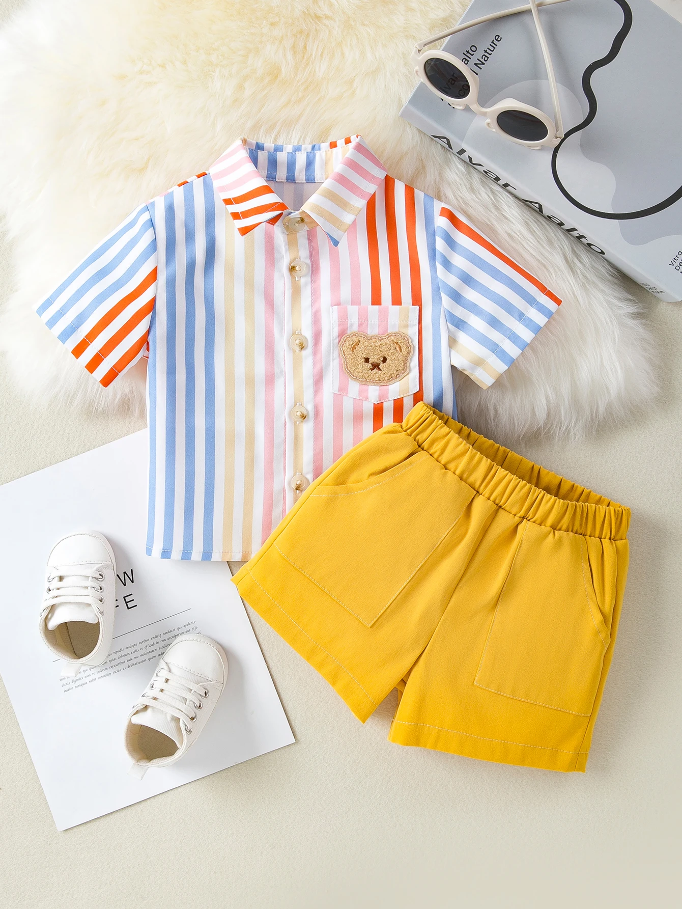 Baby Boys Spring Summer New Striped Short Sleeve Shirt Cargo Shorts 2pcs Set Bear Patch Decoration Daily Casual Kids Outfit