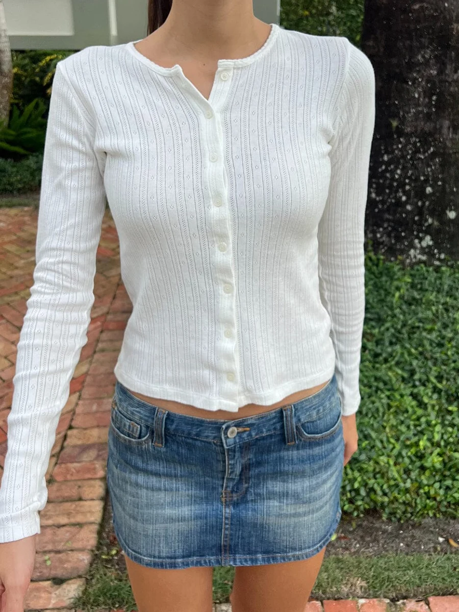 White Knitted Eyelet Cardigan T-shirt Women Lace Trim Scoop Neck Long Sleeve Slim Tee Shirts Sweet Casual Fashion Crop Tops Y2k
