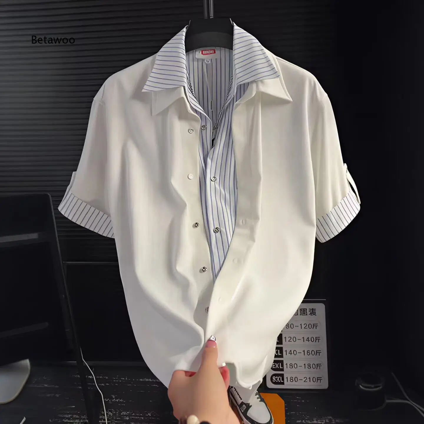 Fake Two Piece Striped Splicing Short Sleeve Shirt For Men Drape Texture Loose Casual Double Collar Blouse Trendy Tops For Summ