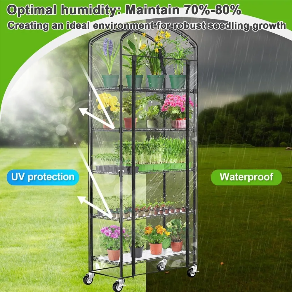 5-Tier Greenhouse With Casters Greenhouse for Outdoor Height Adjustable Metal Plant Shelves With PVC Lid for Seed Starter Trays