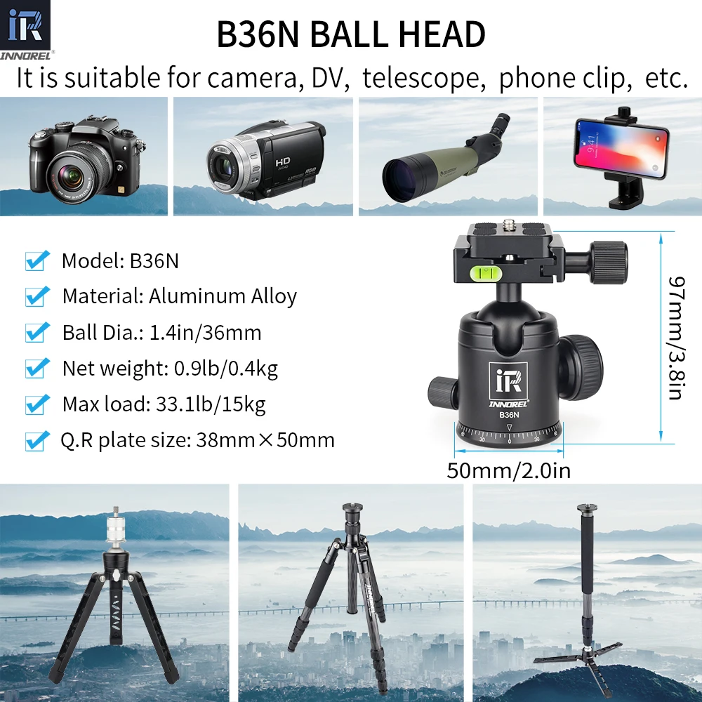 RT30 treppiede professionale monopiede in lega di alluminio Fast Flip Lock supporto per fotocamera da viaggio alto per videocamera DSLR testa a sfera da 36mm