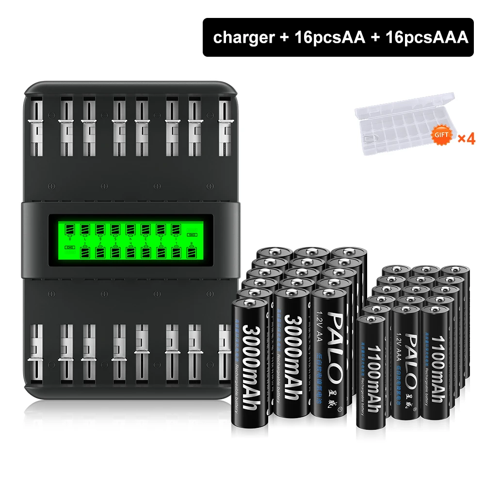 PALO 1.2V AA AAA Rechargeable Battery NIMH AA AAA Batteries Cells with 16 Slots Intelligent Charger for AA/AAA/C/D Battery