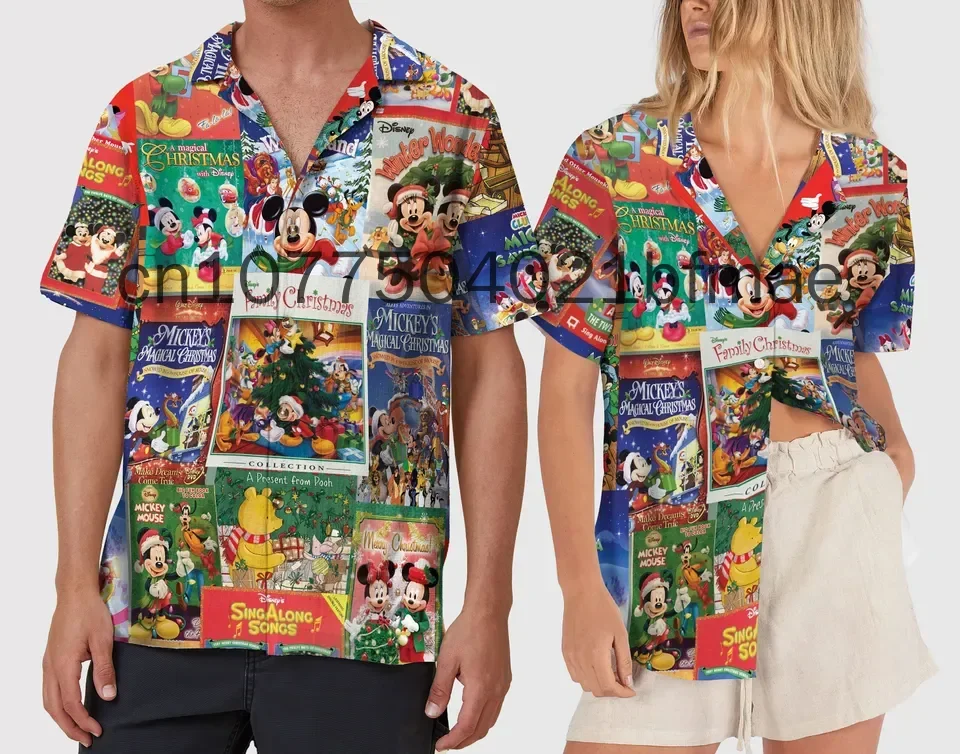 Disney-Camisa havaiana de Natal, manga curta, botão para cima, camisa de praia casual, moda infantil, festa