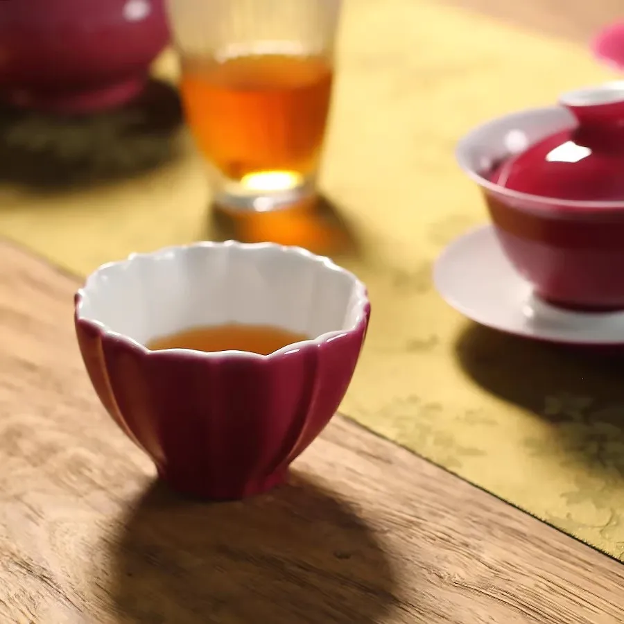 Ceramic Petal Edge Tea Cup Rouge Red Glaze Thick Body Owner Cup