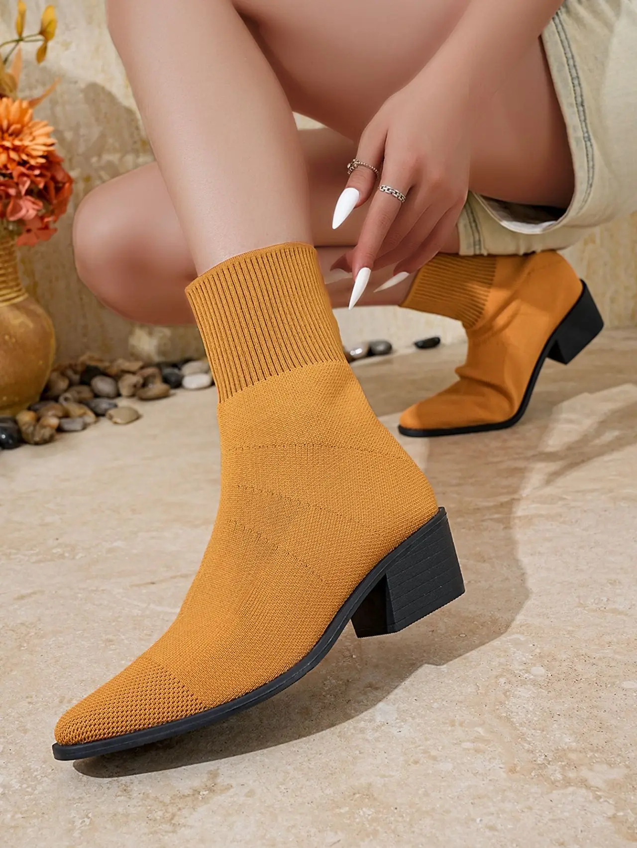 Sexy Spitzschuh, dicker Absatz, Sockenstiefel für Damen, 2025, Winter, bunt, elastisch, gestrickt, Designer-Stiefeletten, kurze Stiefeletten für Damen – Detail 12