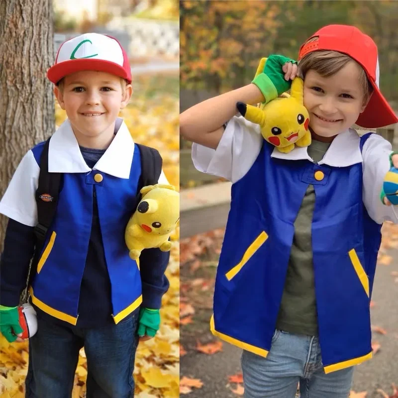 Disfraz de Anime Ash Ketchum para hombre y niña, conjunto de chaqueta azul, guantes y gorro de Pokémon para fiesta