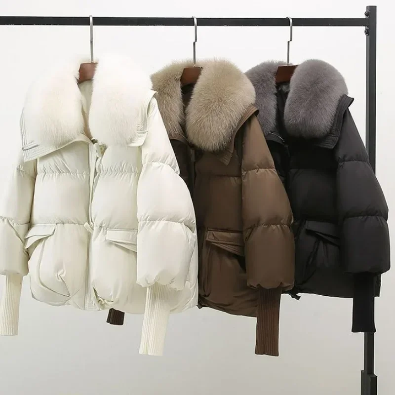 Women Fur Collar Coat Pocket Long Sleeves Fall Winter Fur Collar Zipper Warm Parkas Causal Fleece Cotton-padded Jacket Outerwear