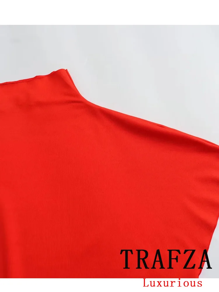 TRAFZA Sexy Vintage Bodysuits Red Solid Sleeveless Half High Collar Slim Bodysuits Fashion 2024 Spring Summer Female Jumpsuits