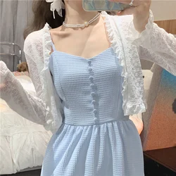 Lace blouses Women Ruffles Sweet Slim Fit Summer Thin Holiday Sun-proof Casual French Retro Style Fashion Classic Chemise Femme