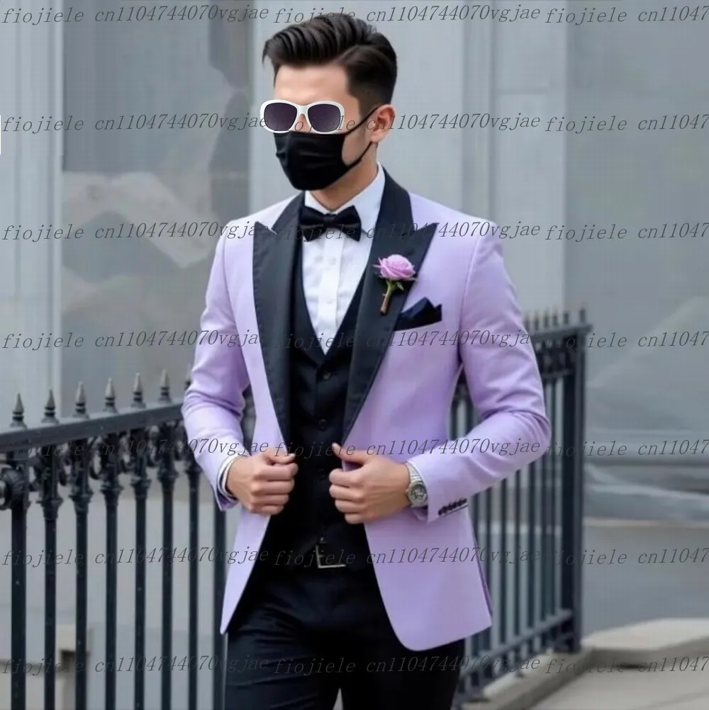 

New Lavender And Black Men Suit Formal Wedding Party Groom Business Male Tuxedos Customized 3 Piece Set Jacket Vest Pants