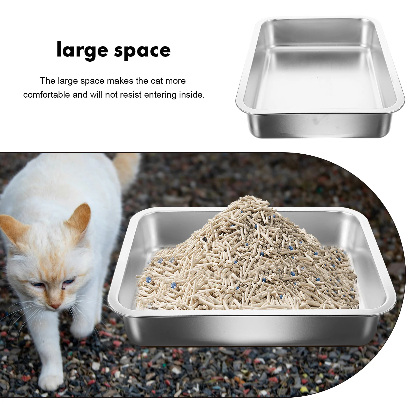 Caja de arena para gatos de acero inoxidable, bandeja para conejos, inodoro poco profundo de gran capacidad, juguete automático