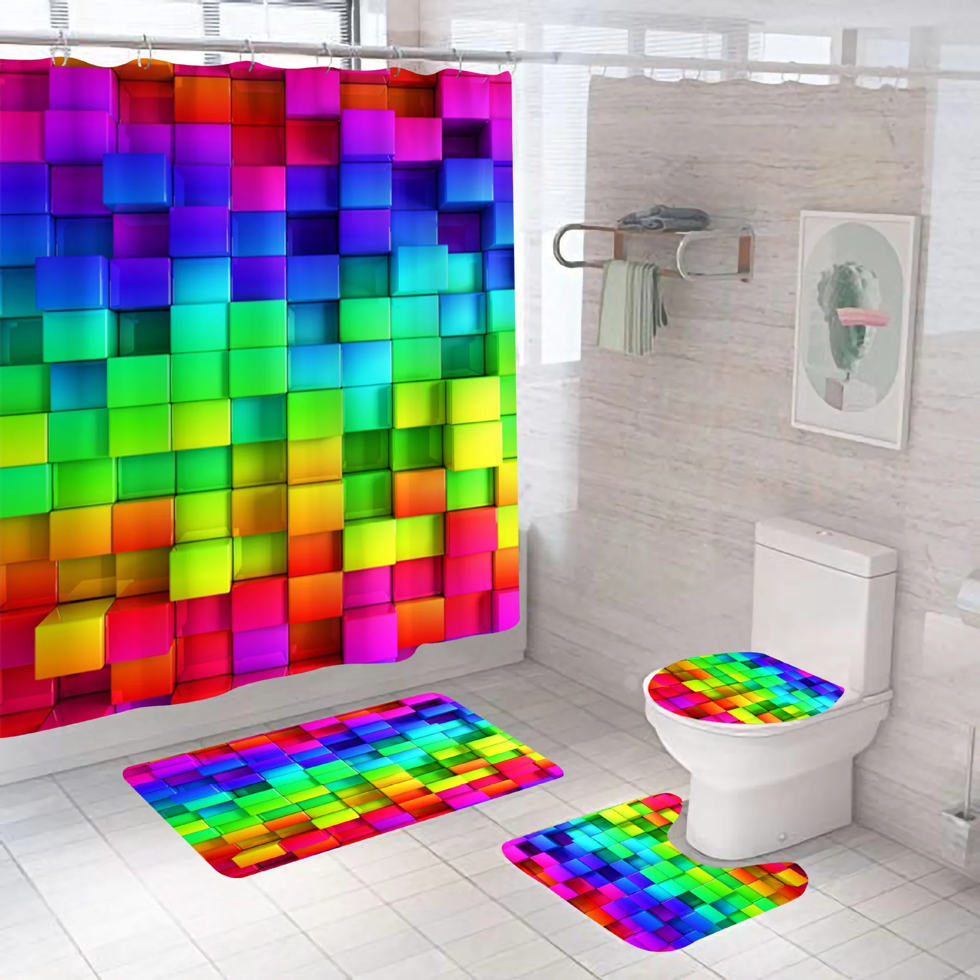 

Colourful Rainbow Cube Shower Curtain Set and Bath Rugs Set Vibrant Pattern Bathroom Shower Curtains Set for Bathroom Home Decor