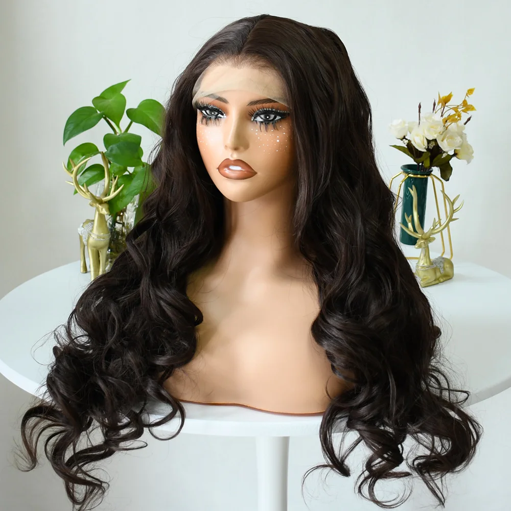 ダークブラウンボディウェーブウィッグ 13x4 HD透明レースフロントウィッグ グルーレス合成高品質HDレースフロントウィッグ すぐに着用可能