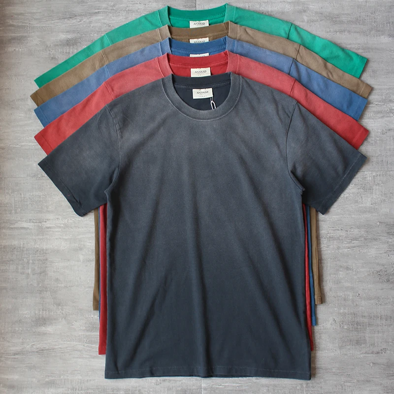 

Summer New American Retro Short-sleeved O-neck Heavyweight Solid Color T-shirt Men's Fashion 100% Cotton Washed Old Casual Tops