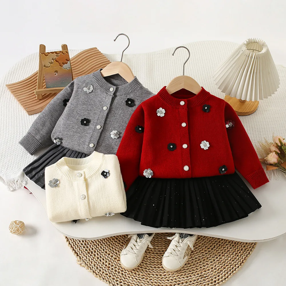 

Girls' Knitted Clothing Set 2025 Autumn Winter New Girl's Suit Knitted Cardigan Coat+ Skirt Sweet Two Piece Suit