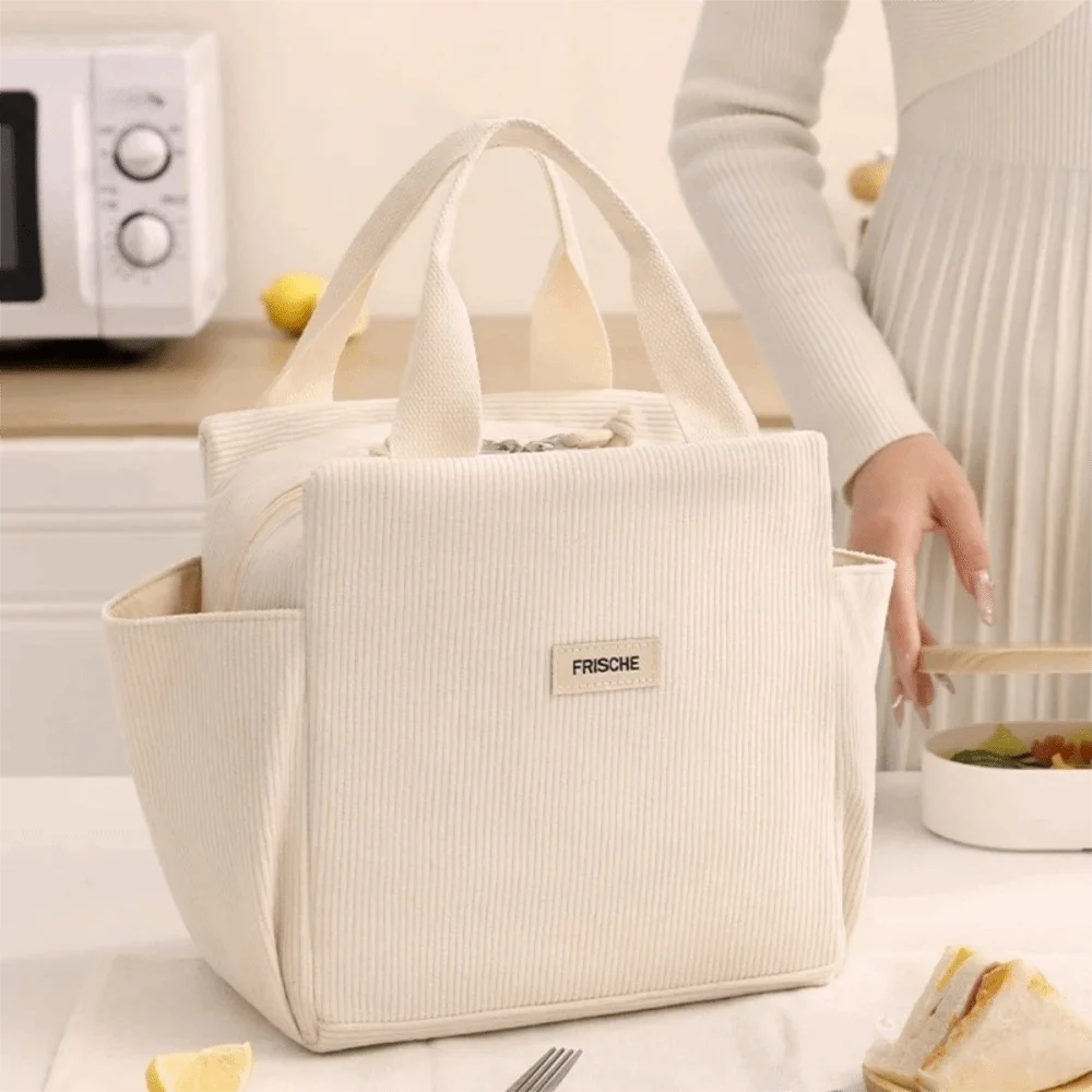 

Storage Bag Large Capacity Corduroy Lunch Bag Portable Thermal Insulation Cooler Bag Heart Insulated Handbag School Use