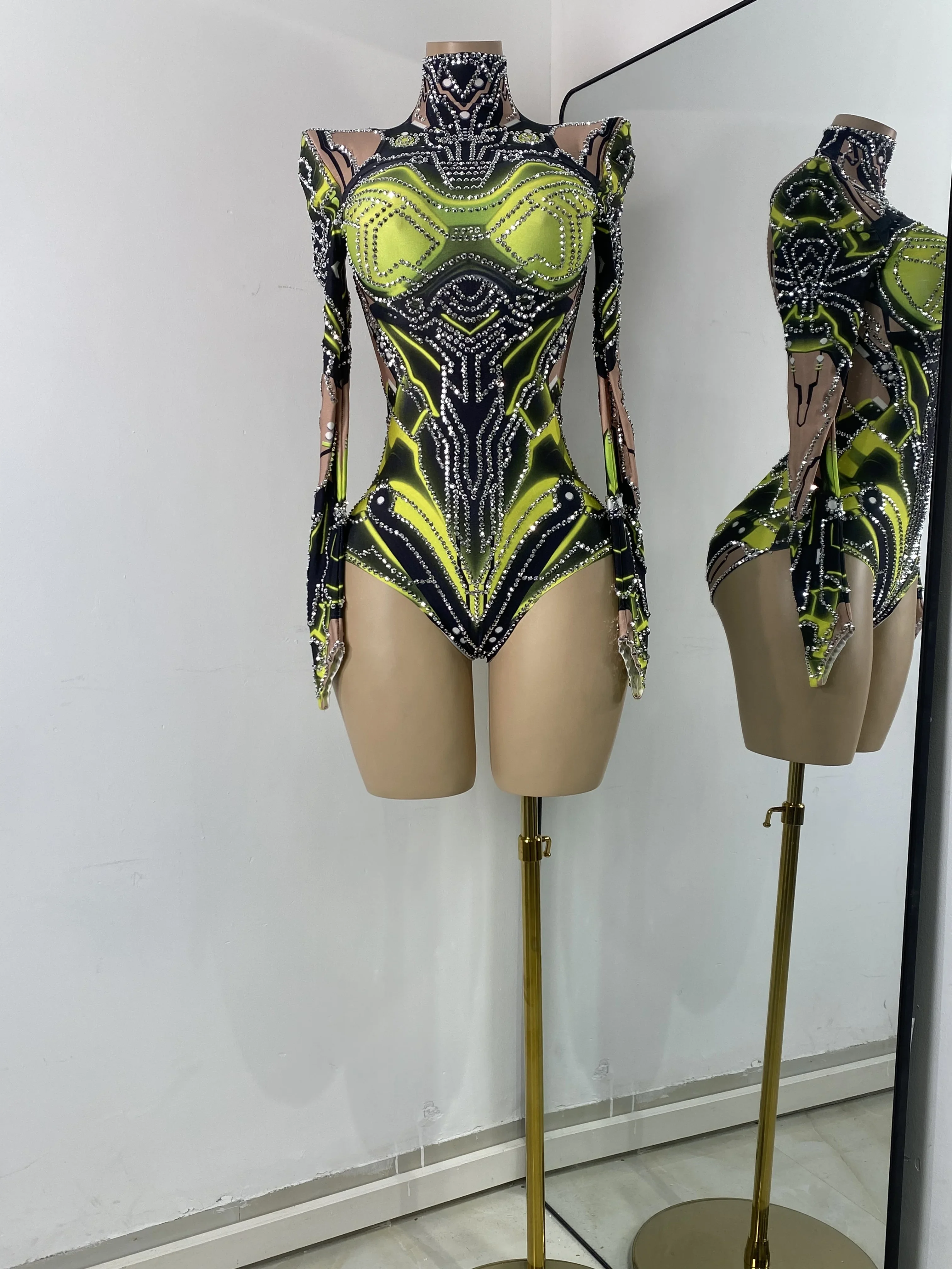 

Rhinestones Spandex Long Sleeve Skinny Bodysuit For Women 2025 High Street Bar Club Performance Dance Stage Costume