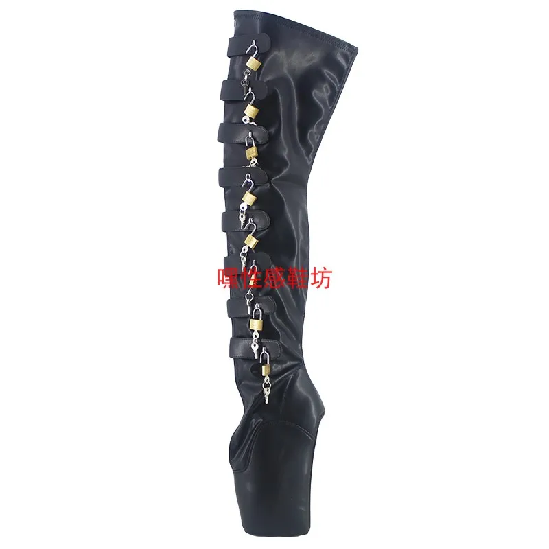 CACA New 18cm Forbidden Feet Men Thigh High Boots,Women's Wedges Dance Shoes,8 Locks Training Long Botas,Black,White,Dropship