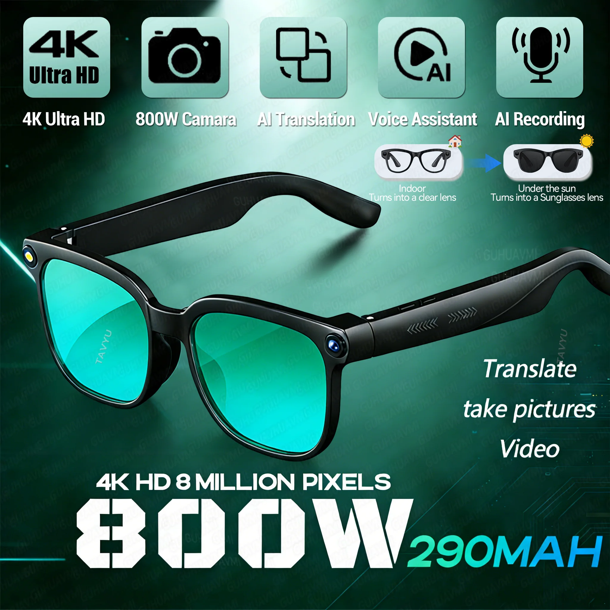 

New Golbal Hot AI Smart Glasses 8MP Camera 1080P Video Recording 150+Language Translation Voice Assistant Music Audio Sunglasses