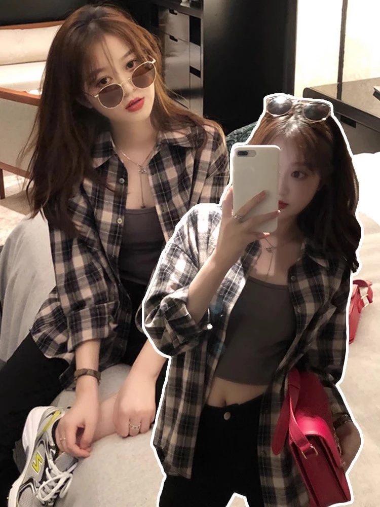 

Dongda Gate Plaid Long Sleeve Shirt Women's Spring Autumn Vintage College Style Layered Top Coat Button Detail Straight Cut