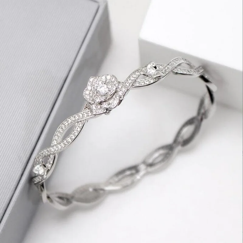 Europe America Designer Collection Style Women Lady Silver Color Settings Full Cubic Zircon Vine Flower Bangle Bracelet