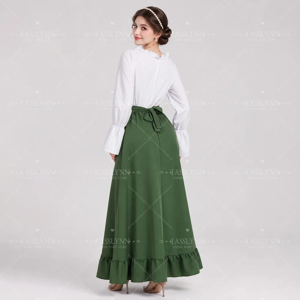 Women European Renaissance Peasant Outfit, Flare Sleeve Frill Hem Maxi Skirt Cottagecore Daily Cosplay Costume view 6