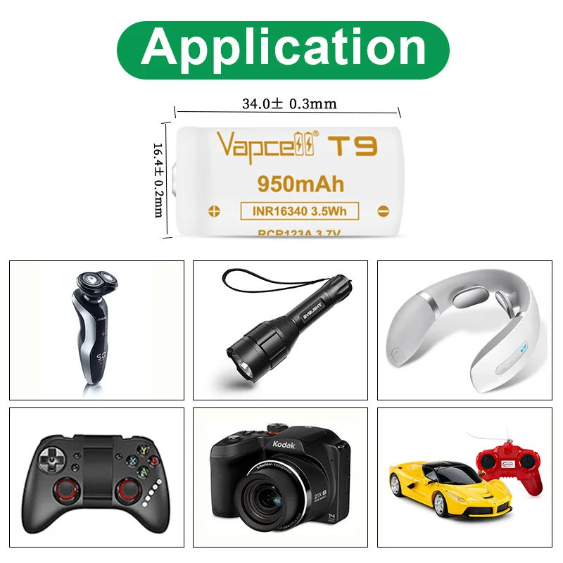 1-20 pz originale vapcell 16340 T9 950 mah 3A batteria INR16340 3.7 V pulsante al litio batteria superiore ricaricabile per torcia elettrica
