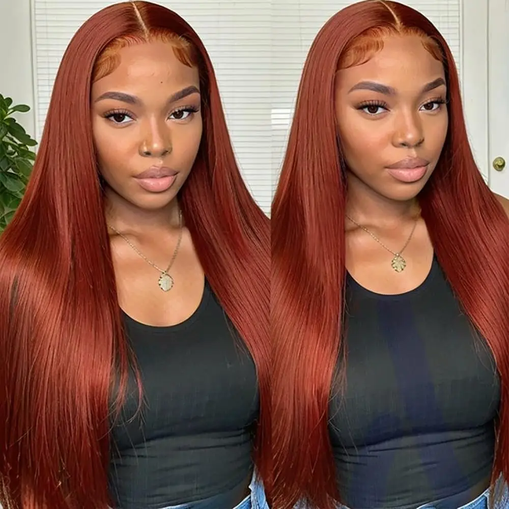 Reddish Brown Colored Straight Lace Front Wigs Human Hair Pre Plucked 13x4 Lace Frontal Wig Red Brown Bleached Human Hair Wig