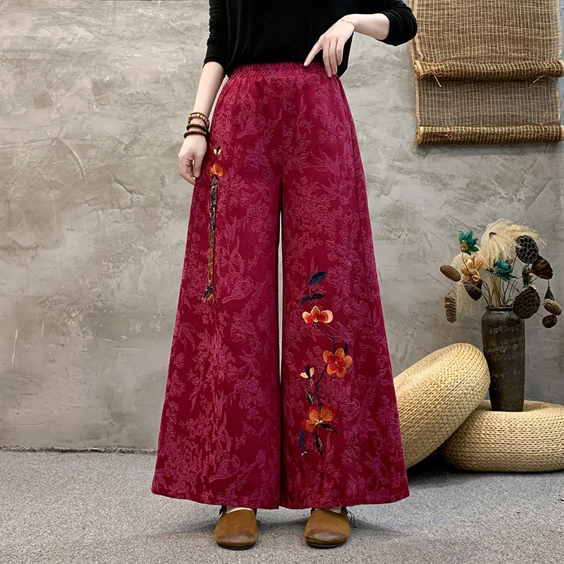 Retro Ethnic Style Embroidery Women Casual Cotton And Linen Wide-leg Pants Spring Lady Elegant Lace-up High Waist Trousers