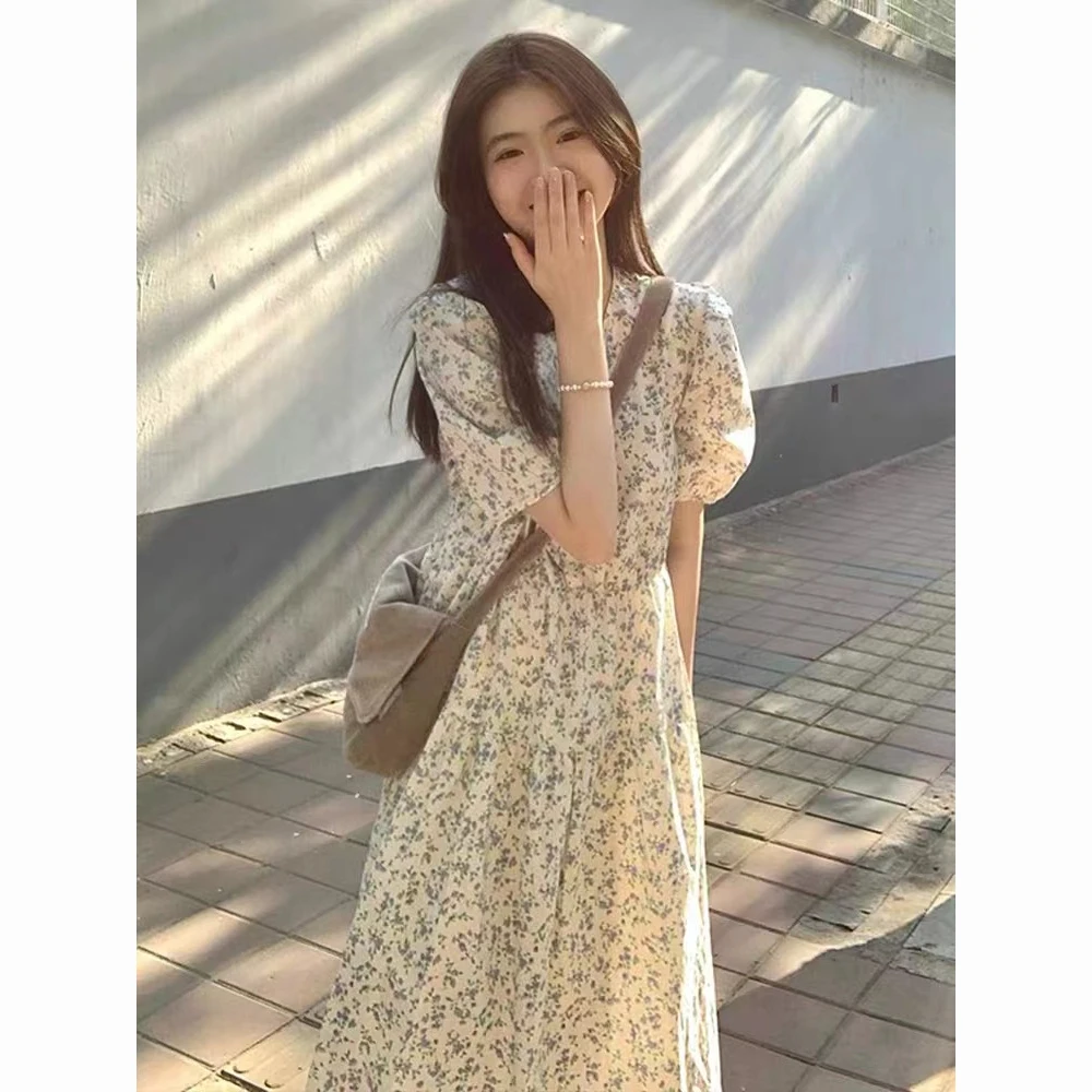 

Woman Summer Dress Short Sleeve Floral Print A-line Dresses Fashion Women O-neck Elegant Dress Mid Long Length Skirt Hot Outfit