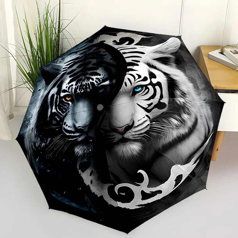 Yin Yang Tigers Folding Umbrella Fashion Auto-Open Design 8 Iron Ribs Plastic Handle Foldable Sunshade Perfect Christmas Gifts