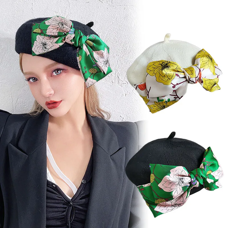 2023 Women Large Satin Bowknot Berets Spring Knitted Hat Flower Printing Bow Breathable Summer Beret Hat Elegant Sun Painter Cap