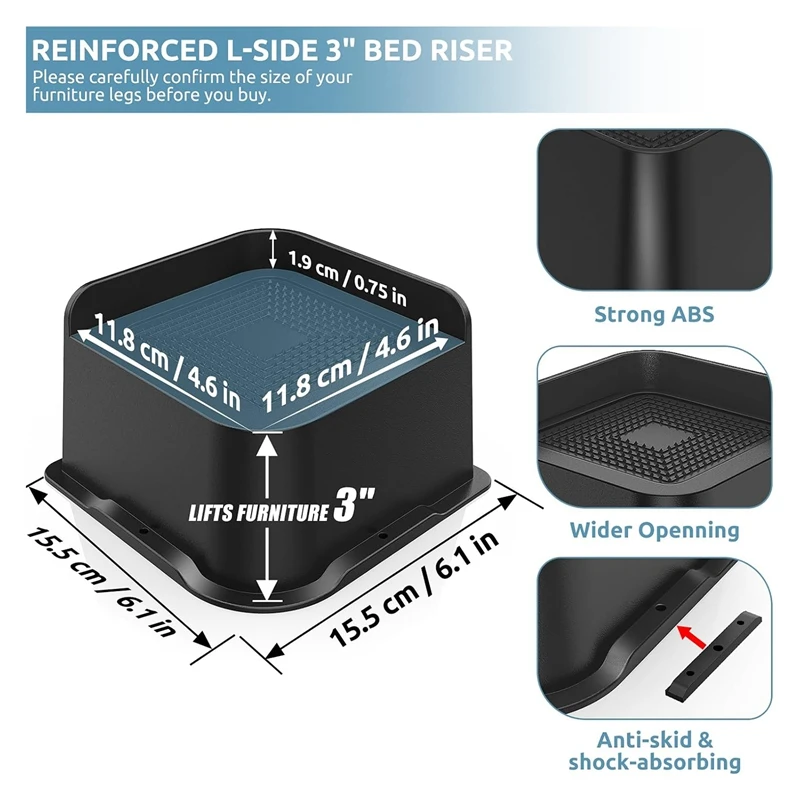 4 упаковки подставок для кроватей, 3-дюймовые сверхмощные, мебельные стойки с широким отверстием 4,8x4,8 дюйма, черные подъемники для кроватей, каркас кровати, столы