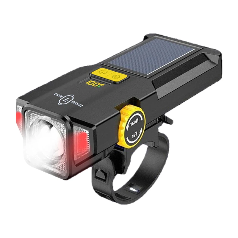 AliExpress cycle zone Multi-functional Solar Bike Headlight LED Bicycle Front Light with Zoom Red Warning Side Light Rechargeable Night Riding Safety