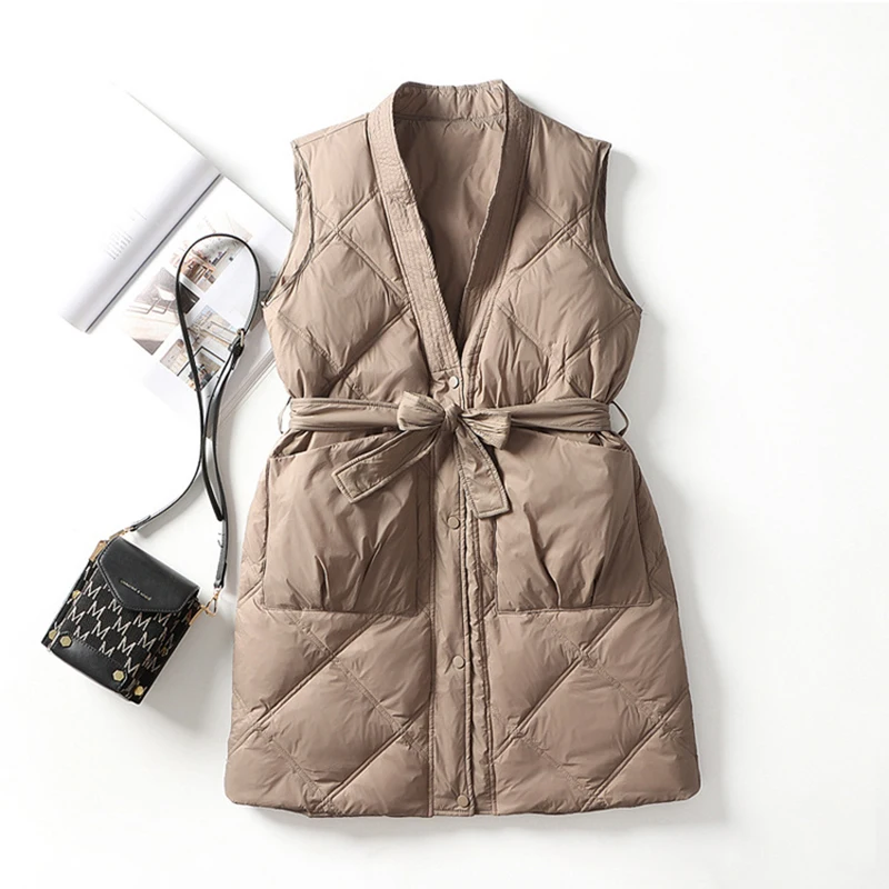 

Autumn Winter Mid Length V Neck Down Vest Women White Duck Down Sleeveless Vest Female Lace Up Single Breasted Quilted Waistcoat