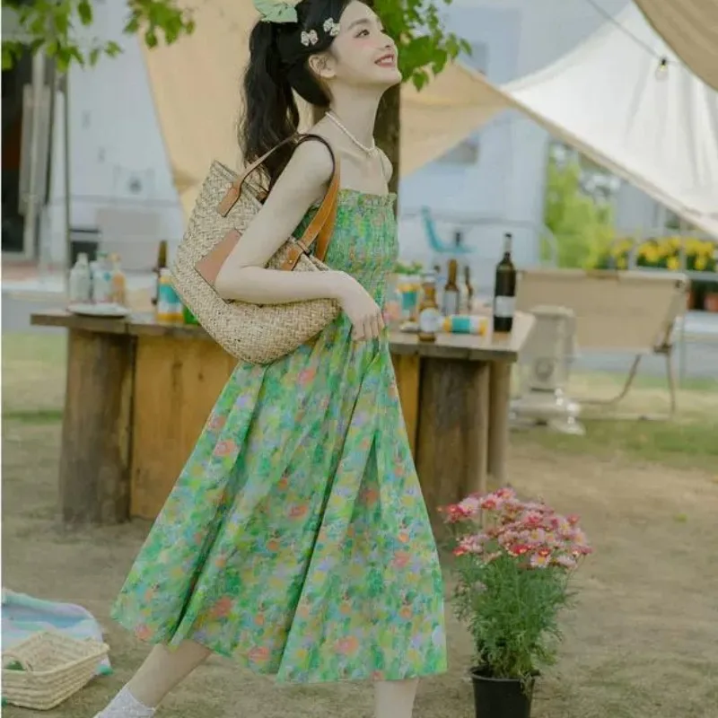 Mid-Calf Length Print Suspender Bodycon Dress Women Summer Latest Gentle Advanced Thin Green Floral Holiday Skirts Elastic Bust