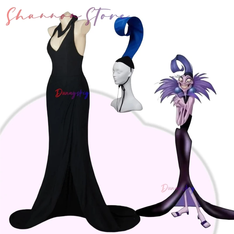 

Yzmaaa женский костюм на тему Хэллоуина, черное вечернее платье с v-образным вырезом и вилкой, нарядное платье, шляпа с воротником, Takerlama