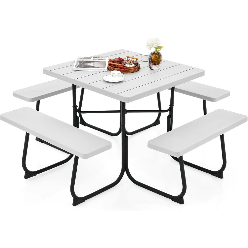 

Picnic Table Set for 4-8 Persons, Outdoor Table and Bench Set with Umbrella Hole, HDPE Top & Metal Frame