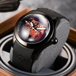 KAFYASE New Design Mens Automatic Watch Creative Tiger Ball Dial Rubber Strap Waterproof Mechanical Sport Watch Black Case Clock