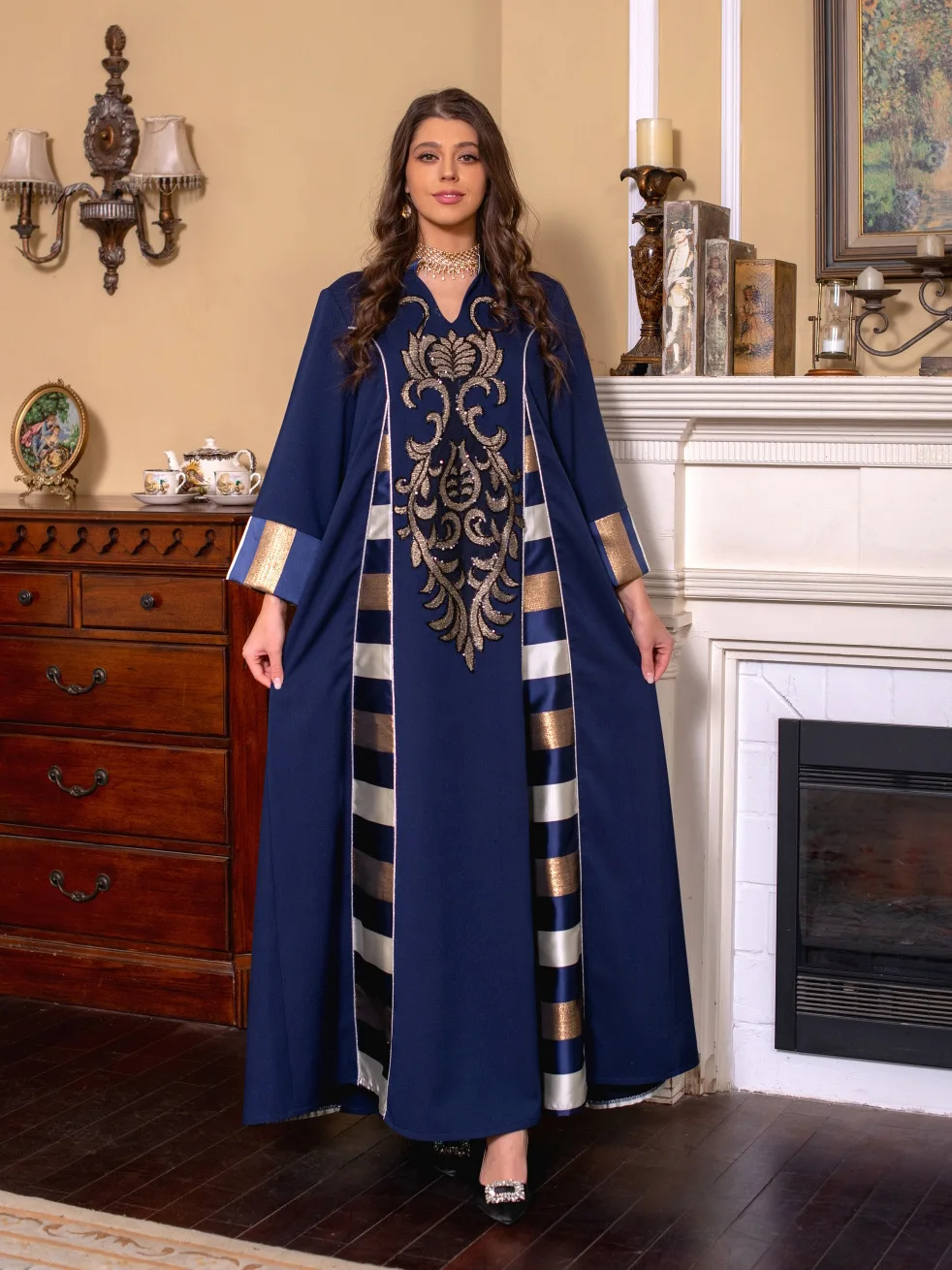 Elegant Casual Floral Embroidery Patchwork Long Dresses Vintage Contrast Color Kaftan Ramadan Gulf Abayas For Women