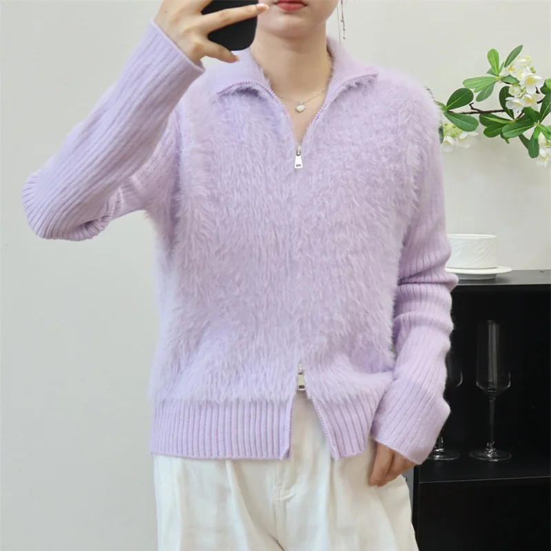 

2025 Fashion Faux Mink-velvet Knitted Cardigan Coat Women's Short Sweater Jacket Autumn Winter Zip-up Stand-up Collar Outerwear