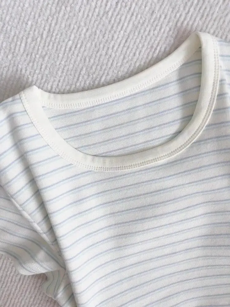 اليابانية بسيطة الأزرق مخطط تي شيرتات قصيرة الاكمام المرأة بلايز الصيف موضة سليم صالح س الرقبة قصيرة الأكمام المحملة الملابس النسائية